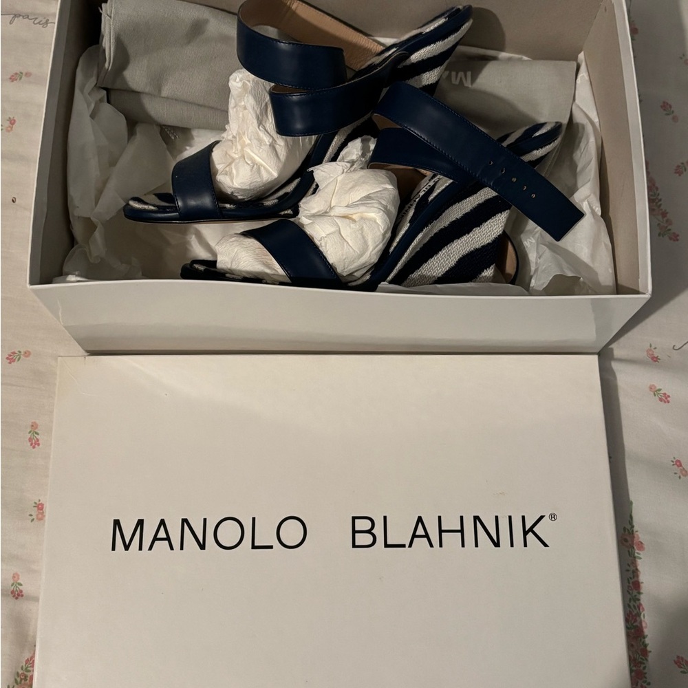 Manolo Blahnik - Navy Strappy Wedge Sandals with Zebra Insole - Picture 4 of 4